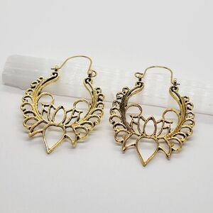 Boho Lotus Mandala Gold Toned 2.25" Hippie Tribal Yoga Yogi Earrings Hoop Gift